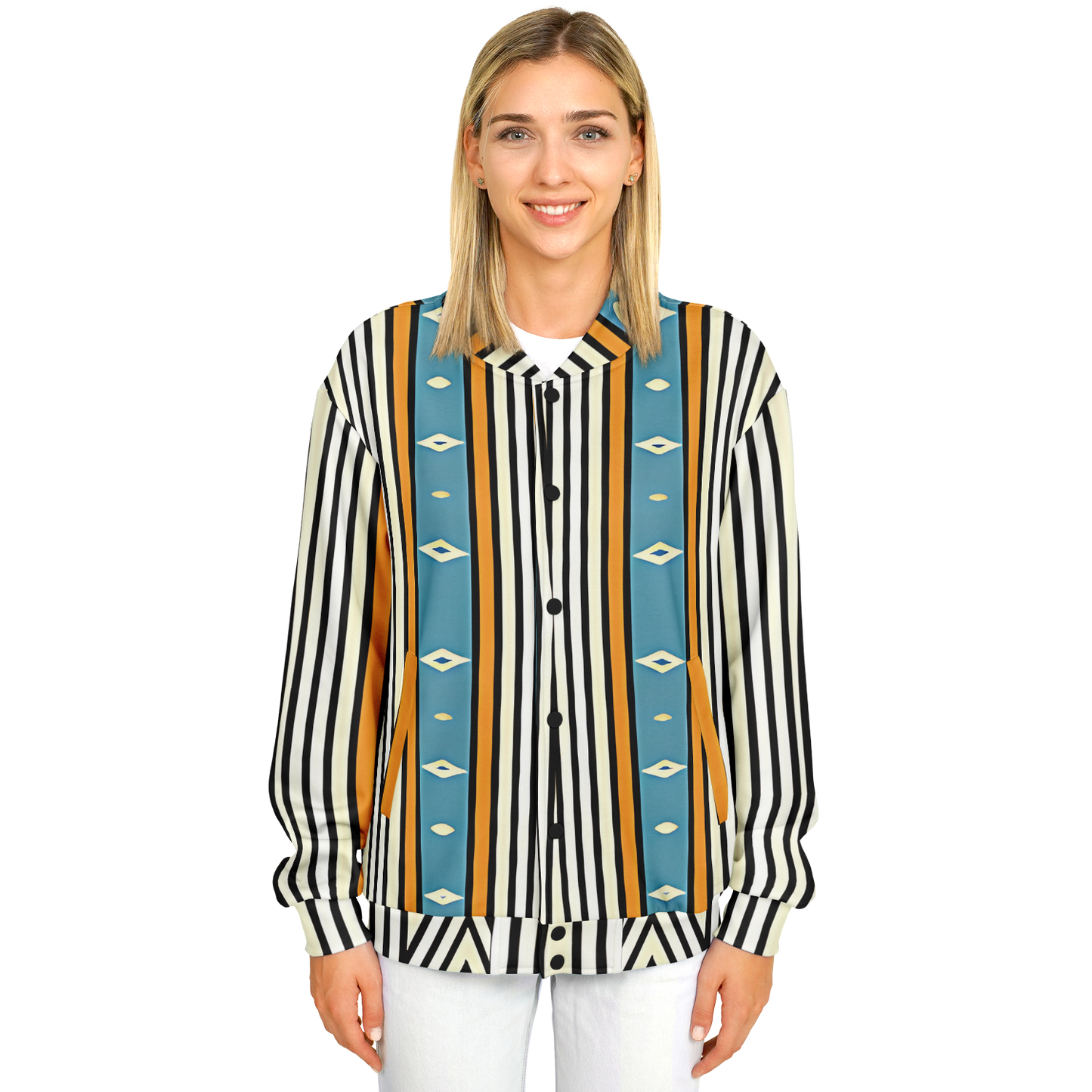 Women's Striped Retro Blue & Orange Patten All Over Print Baseball Jacket