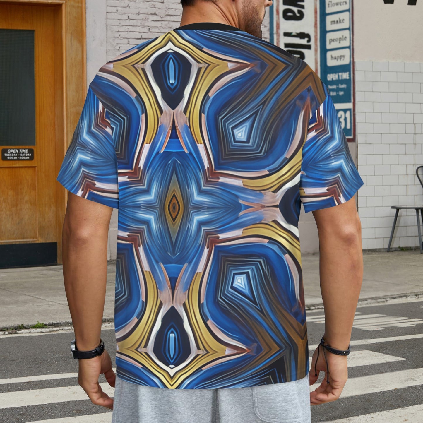 Men's Abstract Blue Geode Kaleidoscope Pattern All Over Print All Over Print Ribbed Collar T-Shirt.