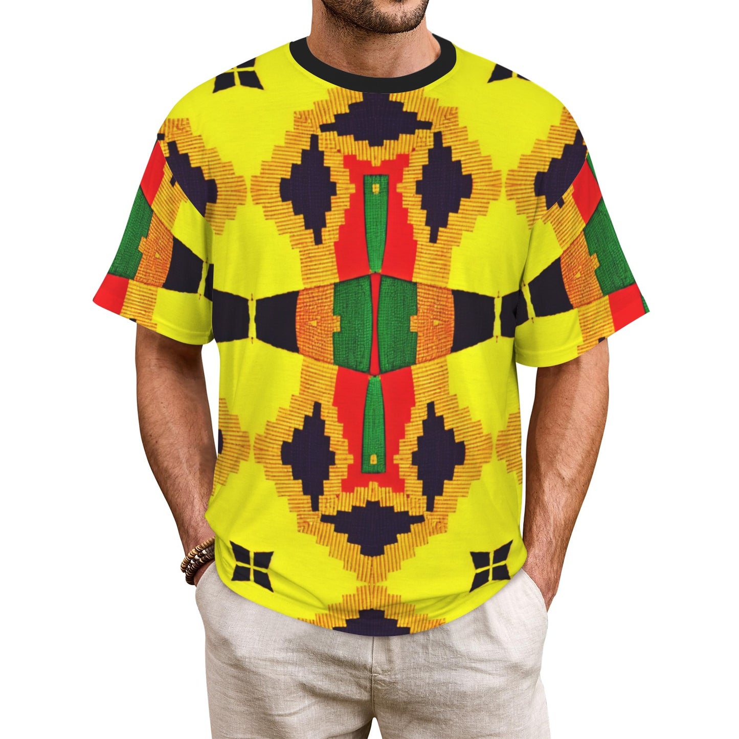 Men's Bold African Print Pattern All Over Print Cut & Sew Ribbed Collar T-Shirt