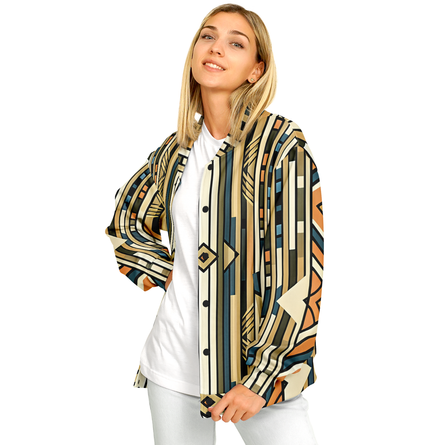 Women's Retro Geometric Tribal Pattern All-Over Print Baseball Jacket