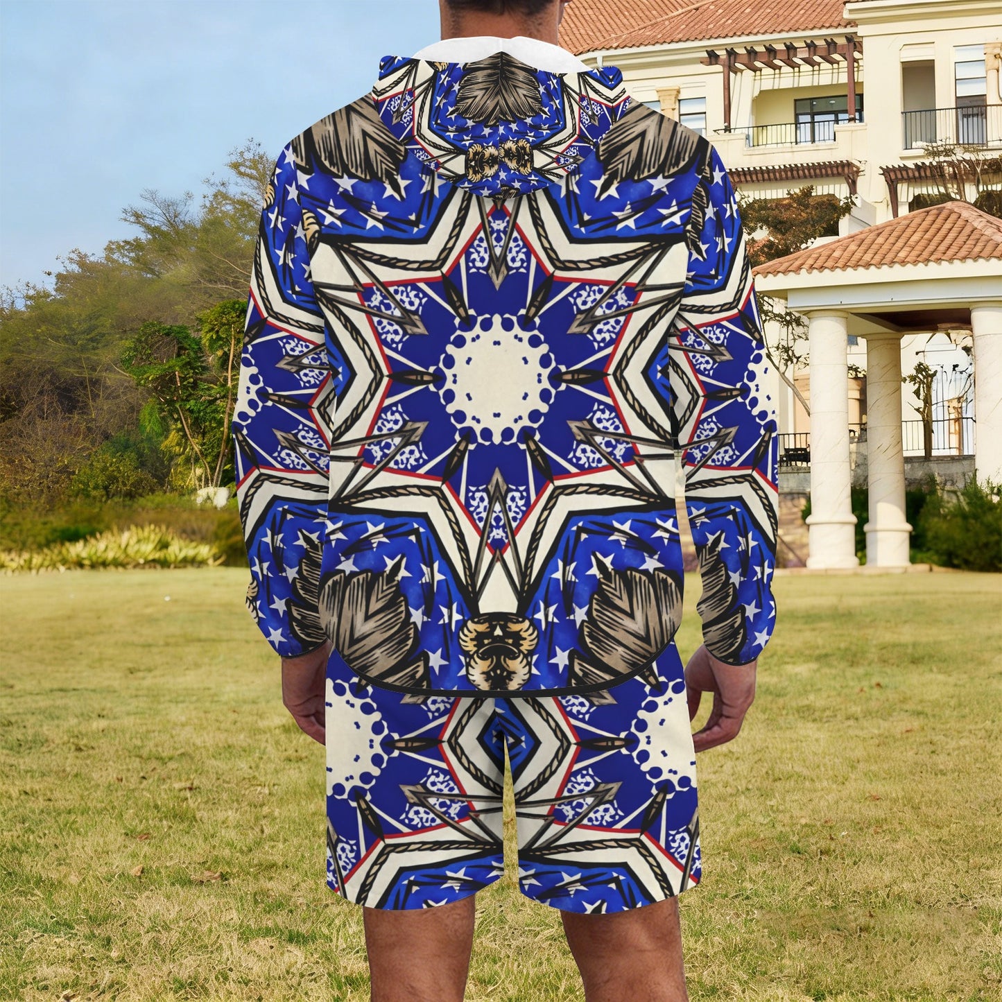 Men's Kaleidoscope Star Pattern All-Over Print Lightweight Sun Hoodie & Shorts Set