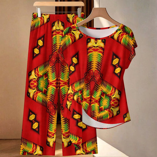 Women's Vibrant African Kente-Inspired Pattern All-Over Print Side-Tie Short Sleeve Top & Wide-Leg Pants Set