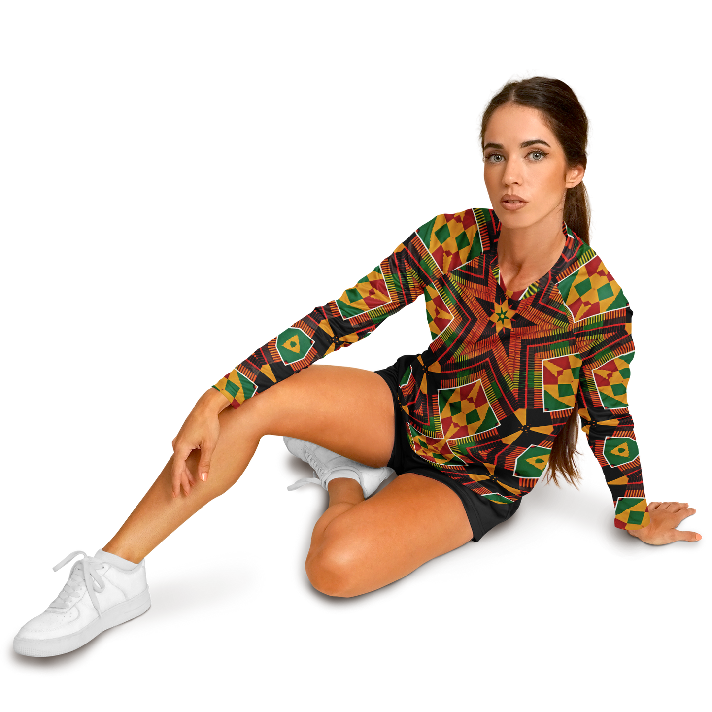 Women's African Kente Geometric Star Pattern All-Over Print Long Sleeve Performance Shirt