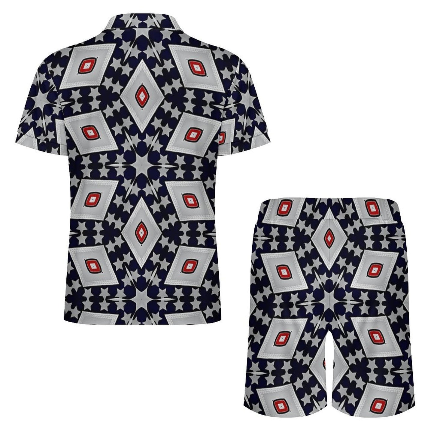 Men's Patriotic Red White Blue Geometric Zip-Up Polo Set
