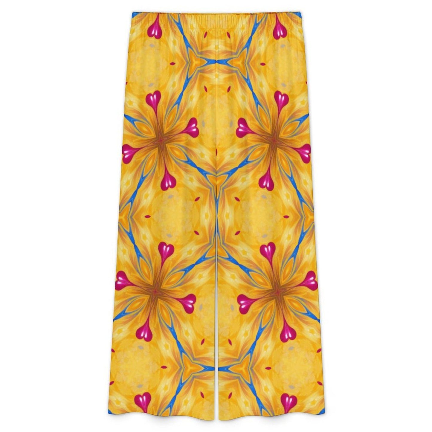 Women's Yellow & Cross Red Heart Pop Pattern All Over Print Side-Tie Short Sleeve Top & Wide-Leg Pants Set