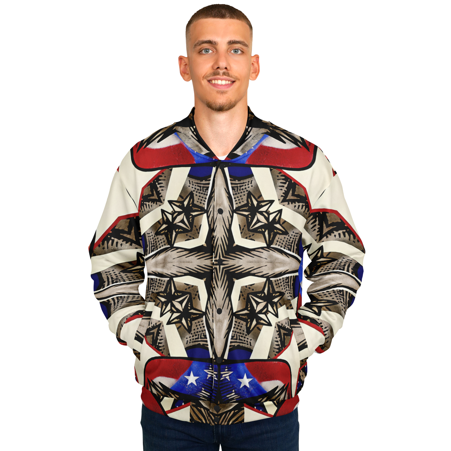 Men's Patriotic Star Kaleidoscope Pattern All-Over Print Baseball Jacket
