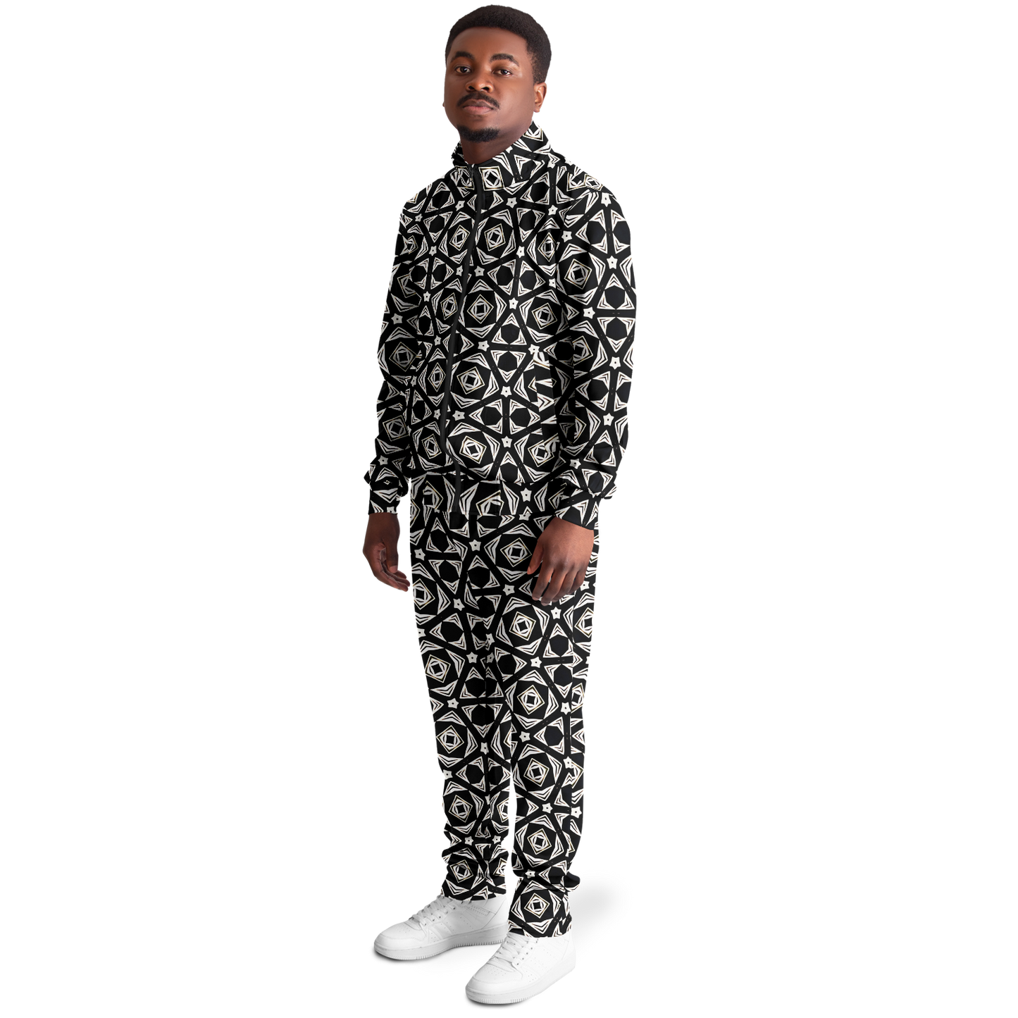 Men's Black Geometric Pattern Track Jacket and Pants
