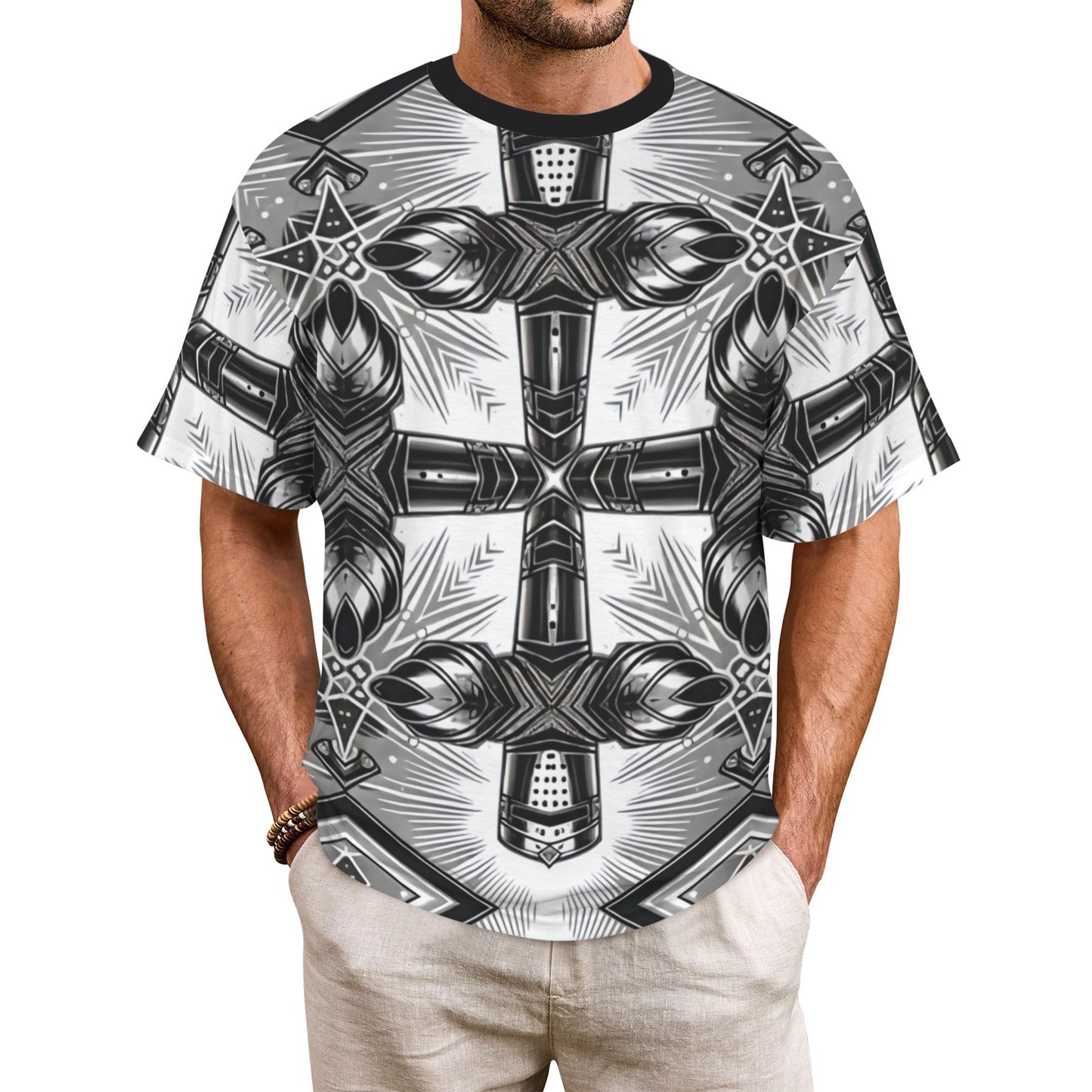 Men's Monochrome Gothic Cross Pattern All Over print All Over Print Ribbed Collar T-Shirt