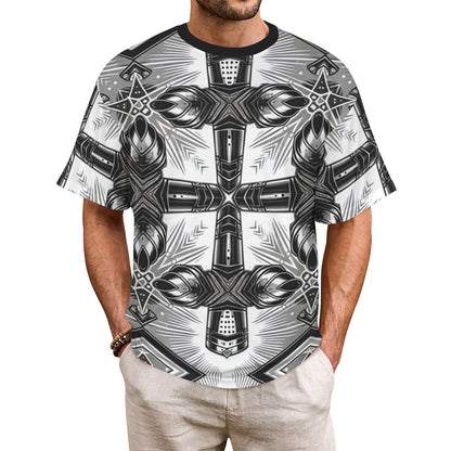 Men's Monochrome Gothic Cross Pattern All Over print All Over Print Ribbed Collar T-Shirt