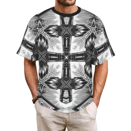Men's Monochrome Gothic Cross Pattern All Over print All Over Print Ribbed Collar T-Shirt