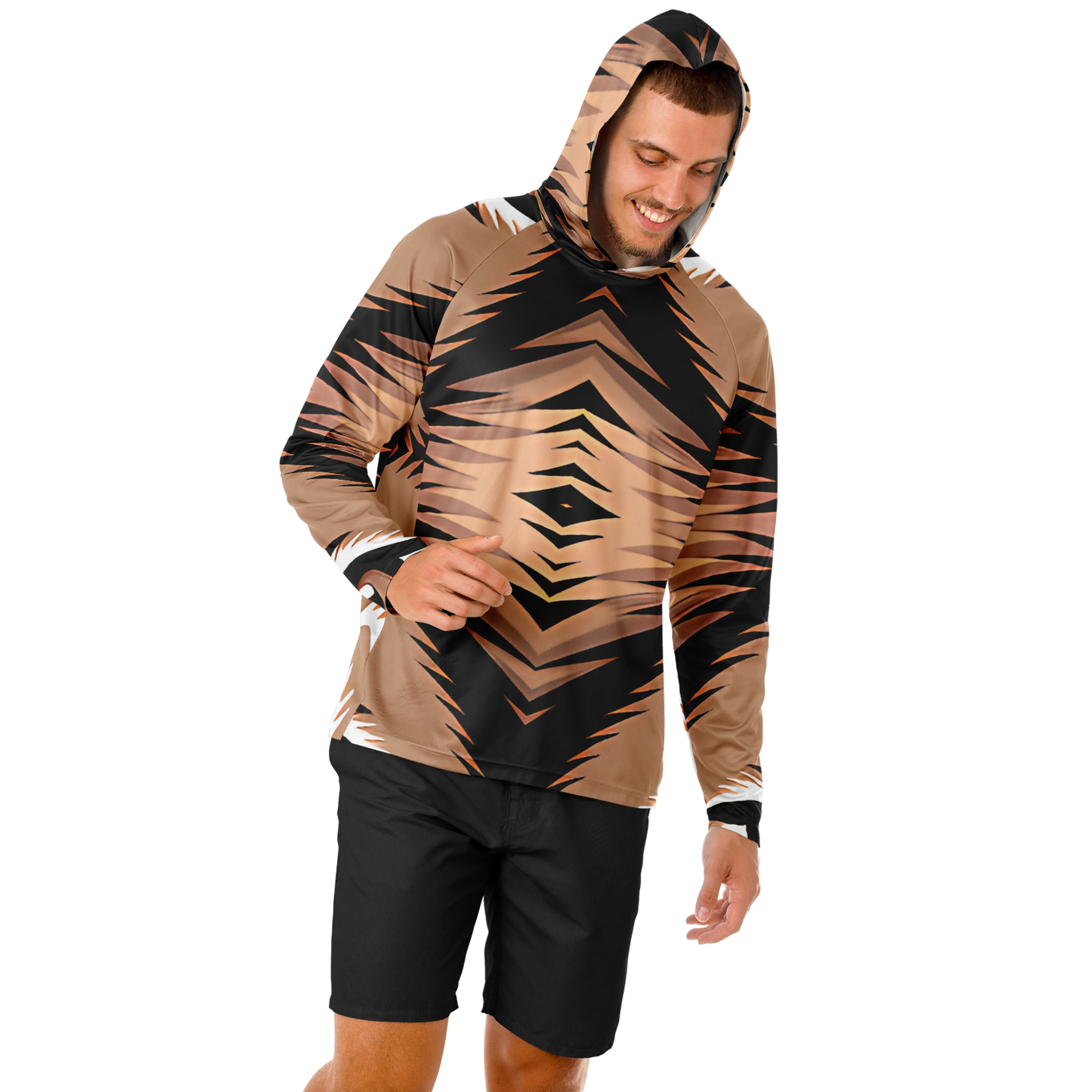 Men’s Bold Tiger Stripe Animal Pattern All Over Print  Long Sleeve Hooded Performance Shirt