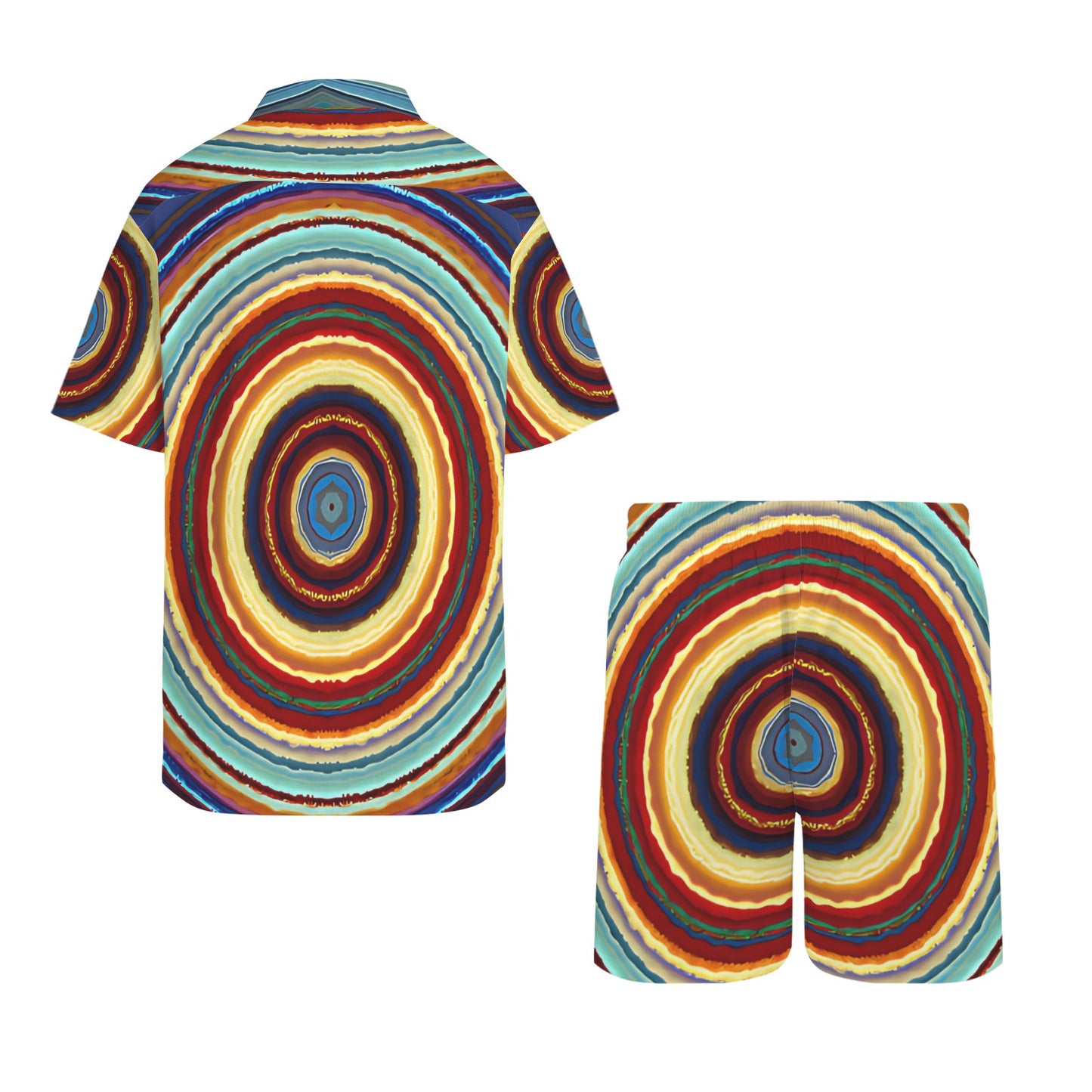 Men's Retro Radiant Circle Pattern All-Over Print Hawaiian Shirt & Shorts Set