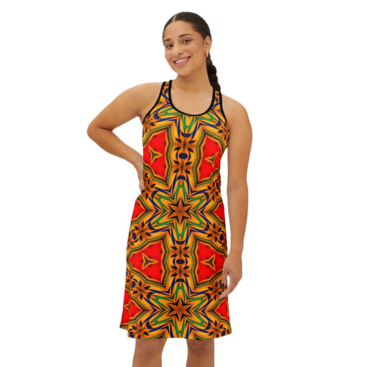 Women's Vibrant Red & Gold Racer back All-Over Print Dress