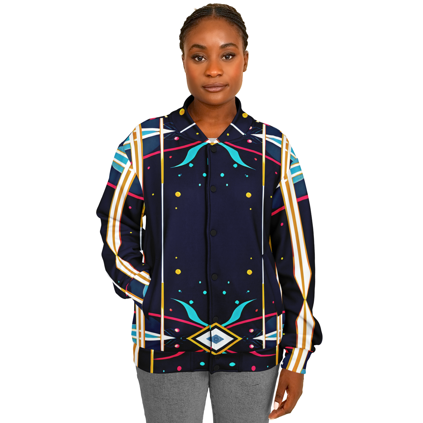 Women's Abstract Neon Geometry Pattern All Over Print Baseball Jacket