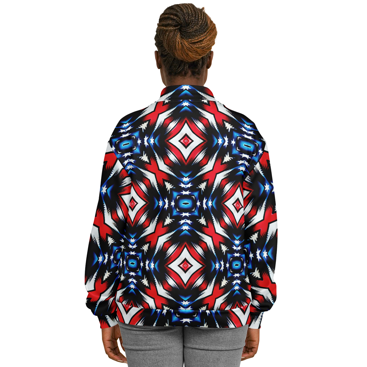 Women's Red White Blue Geometric Pattern All-Over Print Unisex Cut Baseball Jacket