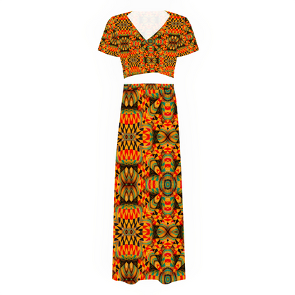 Women's Two Piece Outfit V-Neck Top and Long Skirt Set