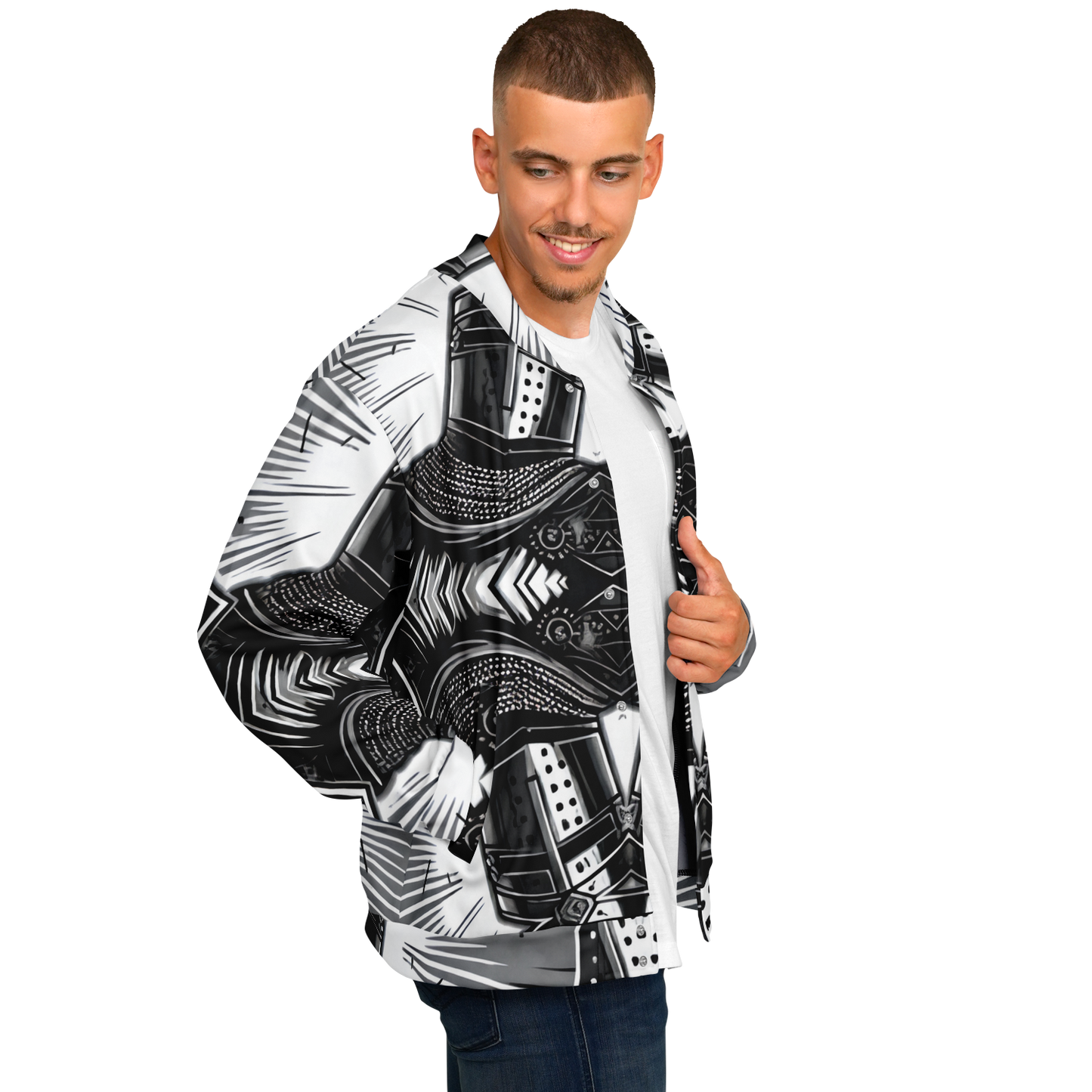 Men's Classic Black & White Geometric Pattern All Over Print Baseball Jacket