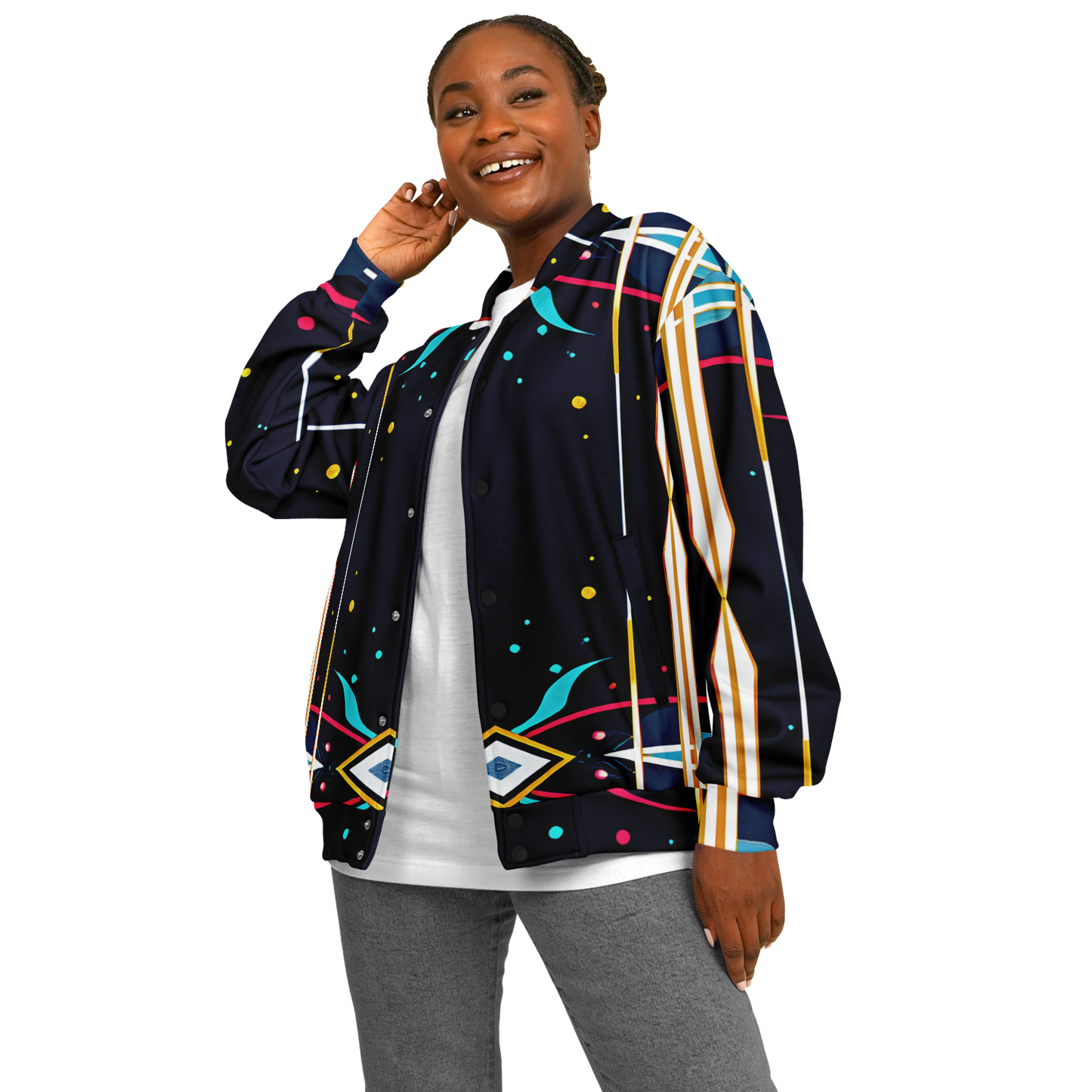 Women's Abstract Neon Geometry Pattern All Over Print Baseball Jacket