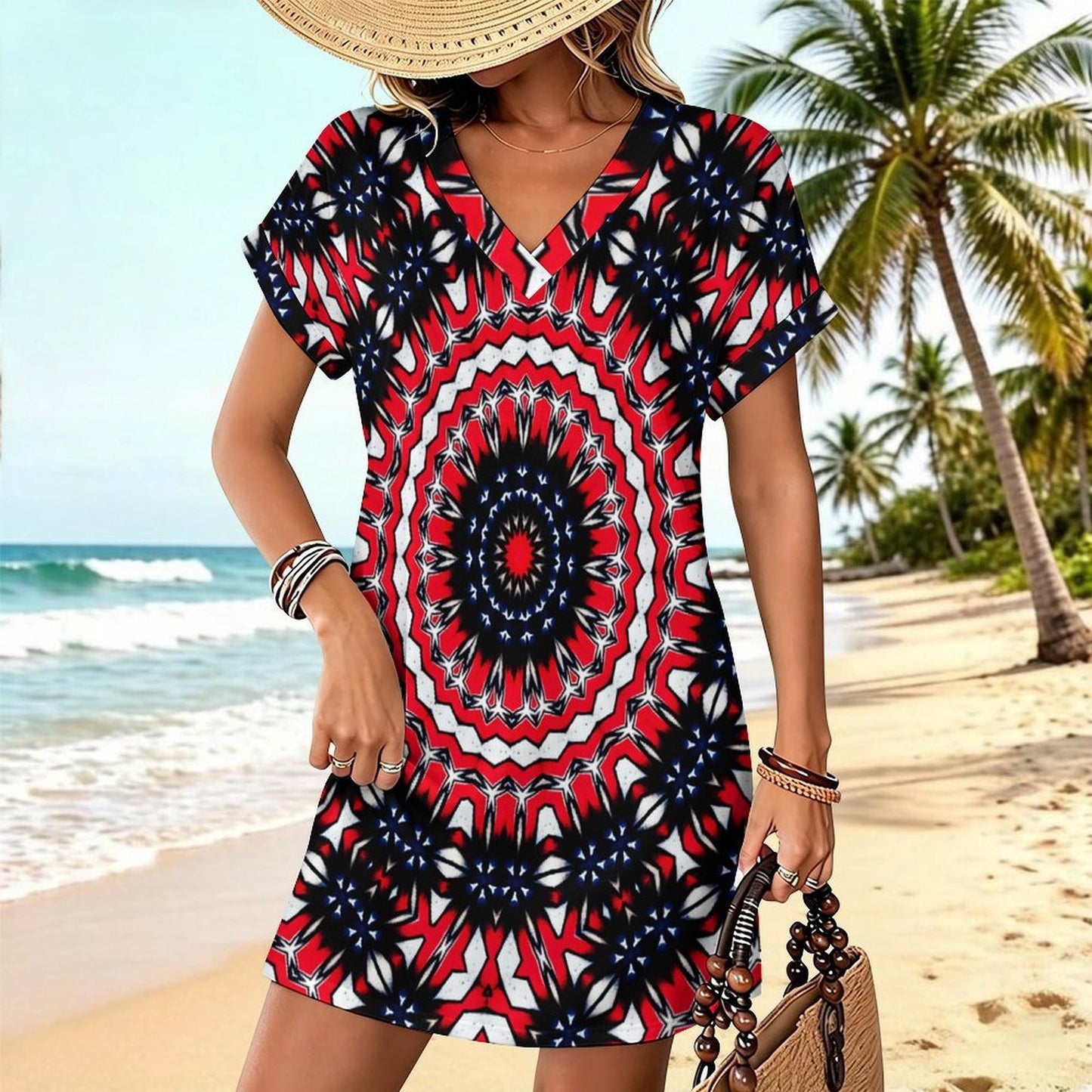 Women's Red, Blue & White Circle Pattern All-Over Print Casual V-Neck Dress with Rolled Cuffs