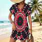 Women's Red, Blue & White Circle Pattern All-Over Print Casual V-Neck Dress with Rolled Cuffs