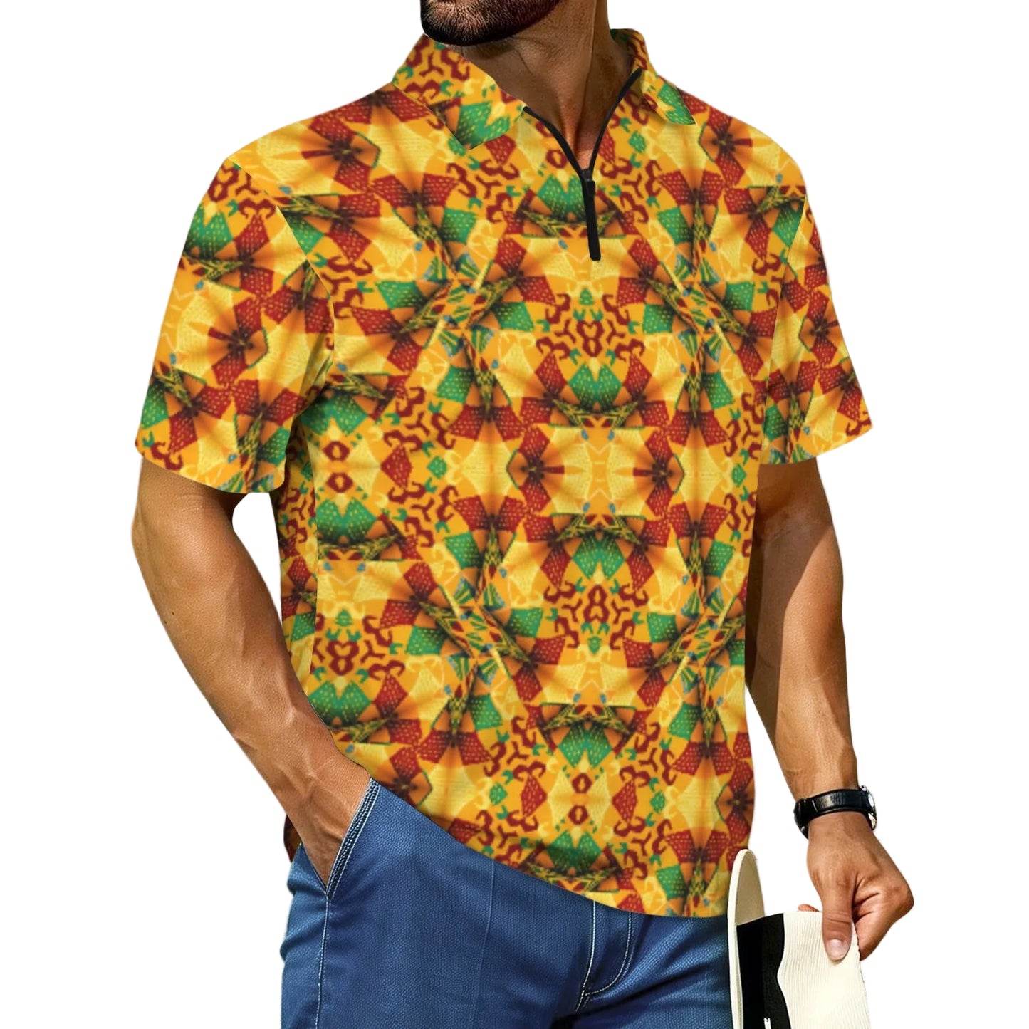 Men's Vibrant African Kente Geometric Pattern All Over Print Zipper Polo Shirt.