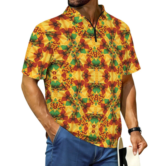 Men's Vibrant African Kente Geometric Pattern All Over Print Zipper Polo Shirt.