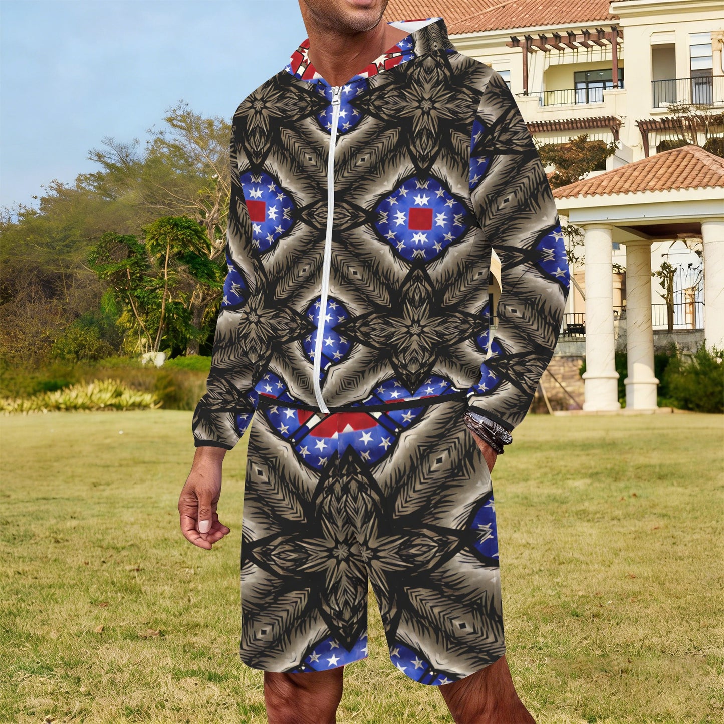 Men's Patriotic Kaleidoscope Pattern All-Over Print Lightweight Sun Hoodie & Shorts Set