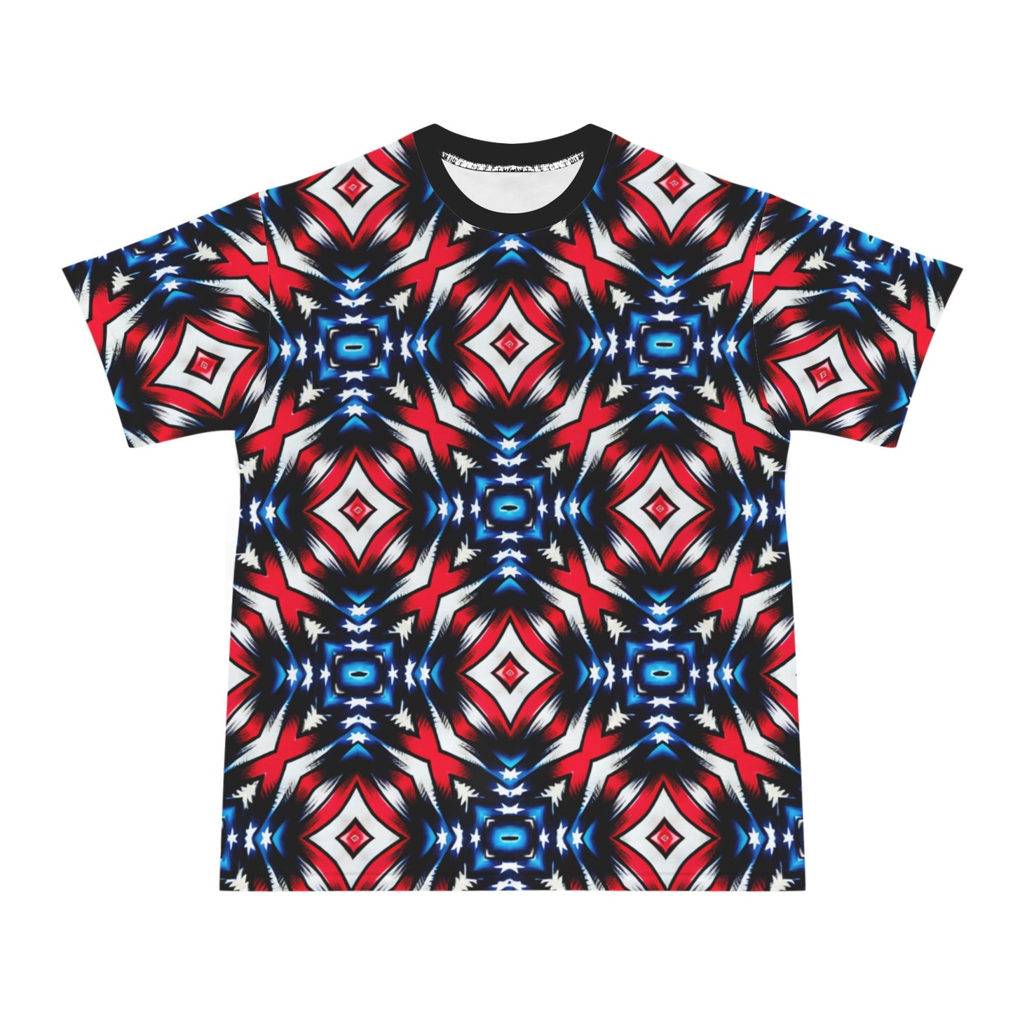 Men's Red White Blue Geometric Pattern All-Over Print All Over Print Ribbed Collar T-Shirt