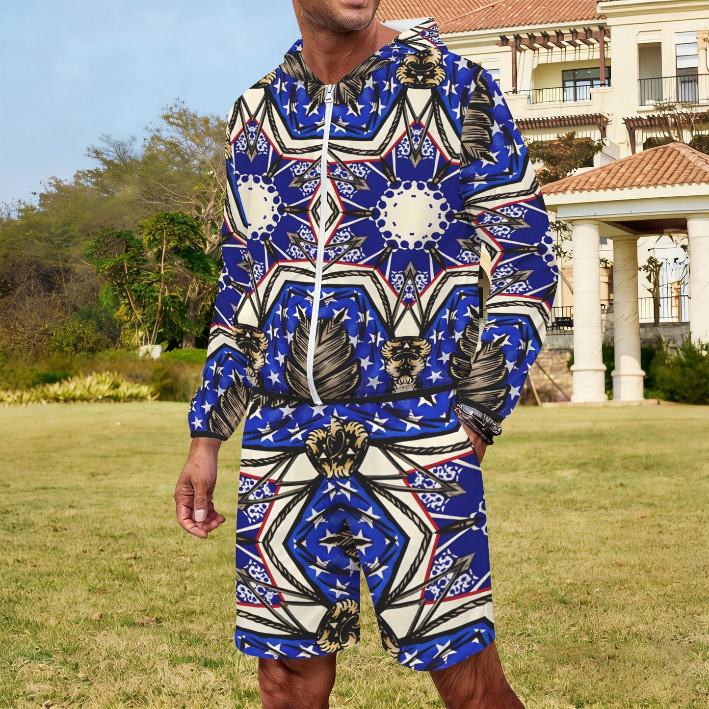 Men's Kaleidoscope Star Pattern All-Over Print Lightweight Sun Hoodie & Shorts Set