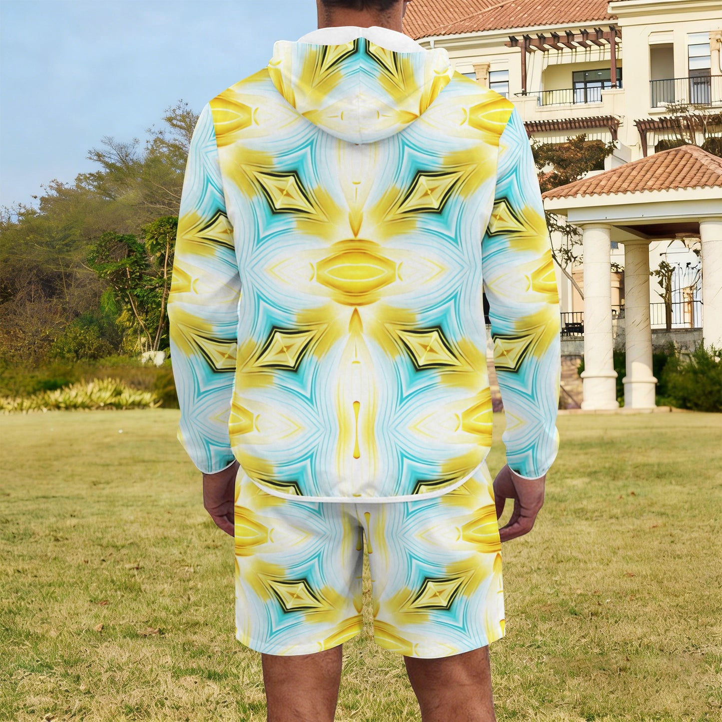 Men's Vibrant Kaleidoscope Geo Pattern All-Over Lightweight Sun Hoodie & Shorts Set