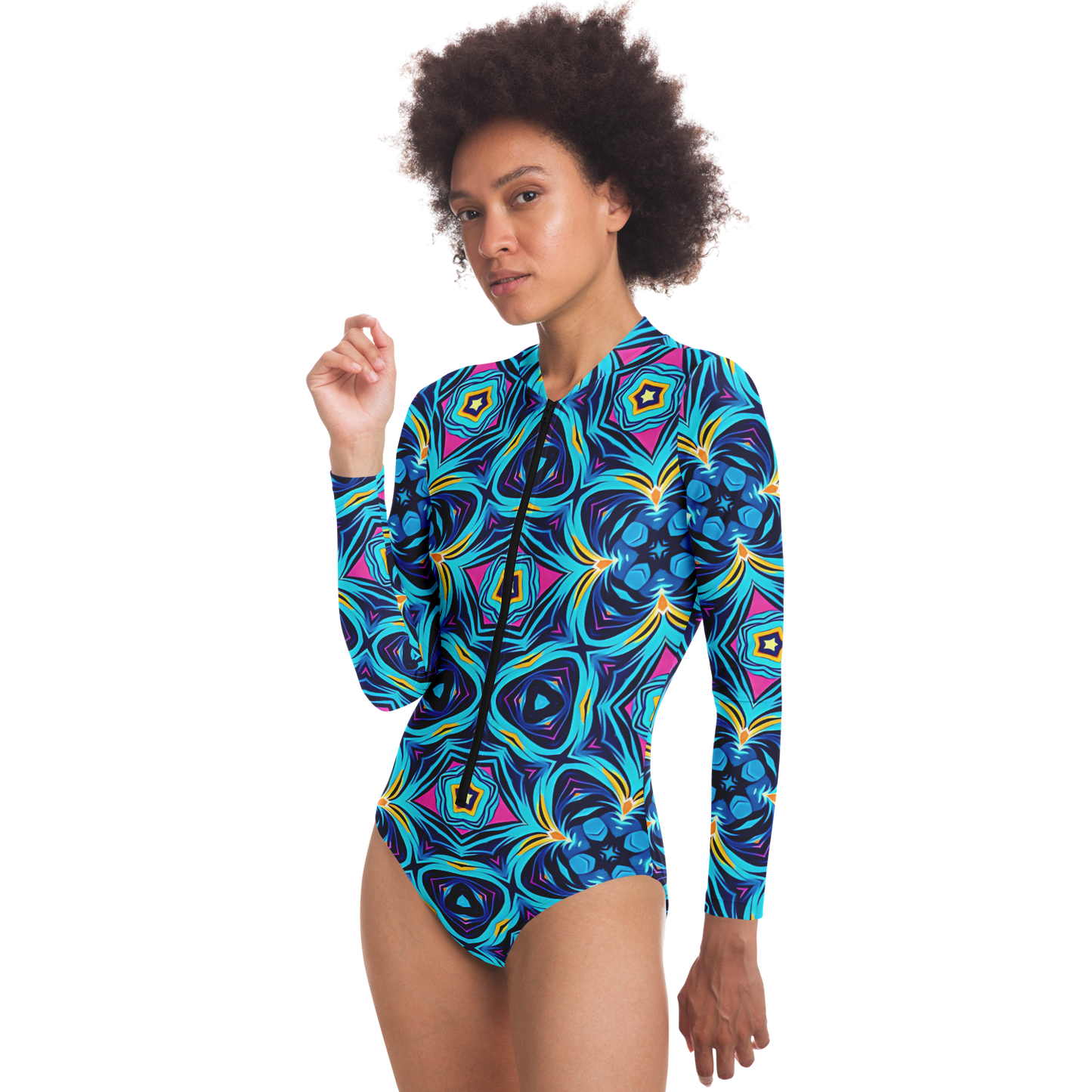 Women's Blue Kaleidoscope Bodysuit Long Sleeve