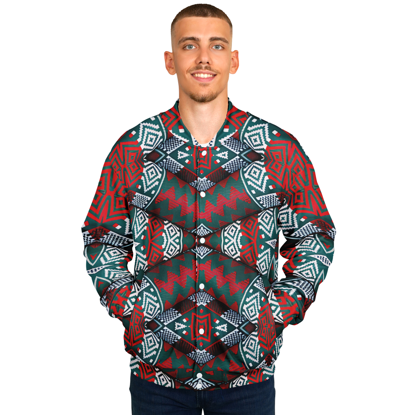 Men's Red, Green & White Teal Aztec Geo Pattern All-Over Print Baseball Jacket