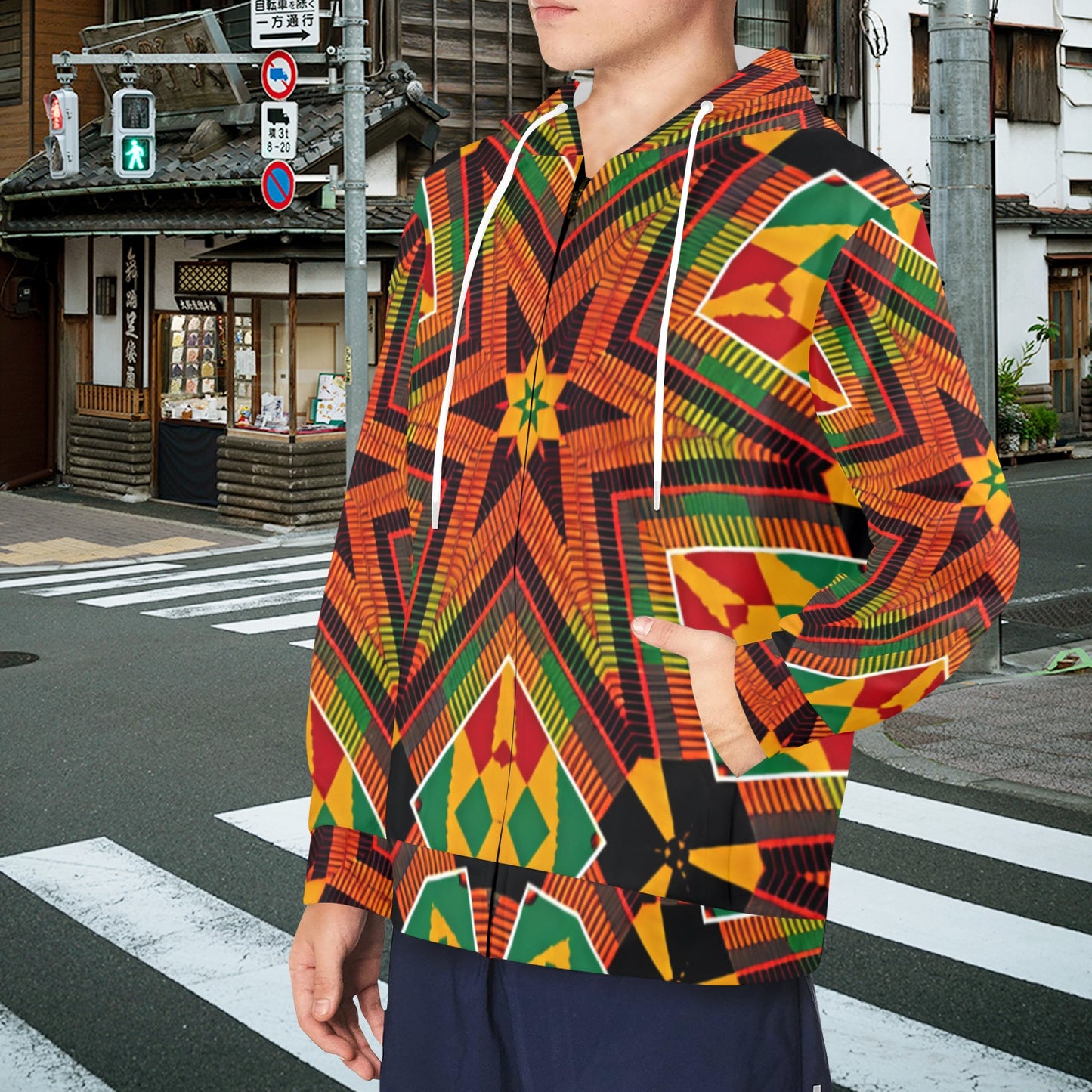 Men's African Kente Geometric Star Pattern All-Over Print Fleece Full-Zip Hoodie