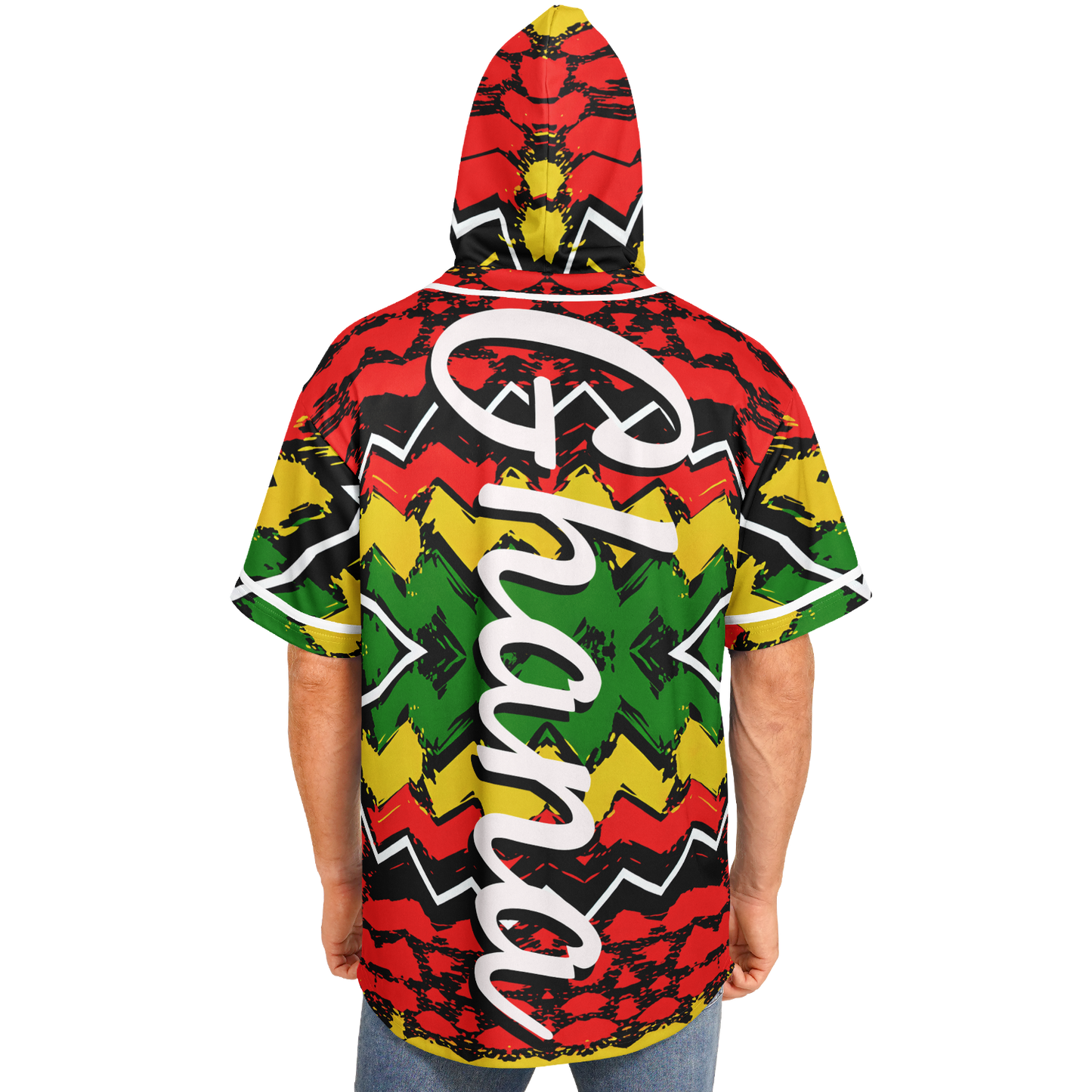 Men's Ghana Flag & Black Star Pattern All-Over Print Hooded Baseball Jersey