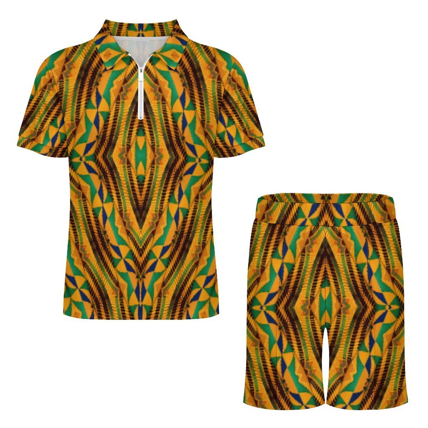 Men's Bold African Kente Inspired Pattern All-Over Print Zip-Up Polo Set