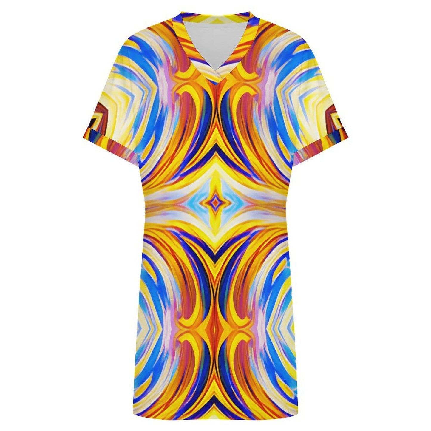 Women's Abstract Sunburst Pattern All Over print Casual V-Neck Dress with Rolled Cuffs