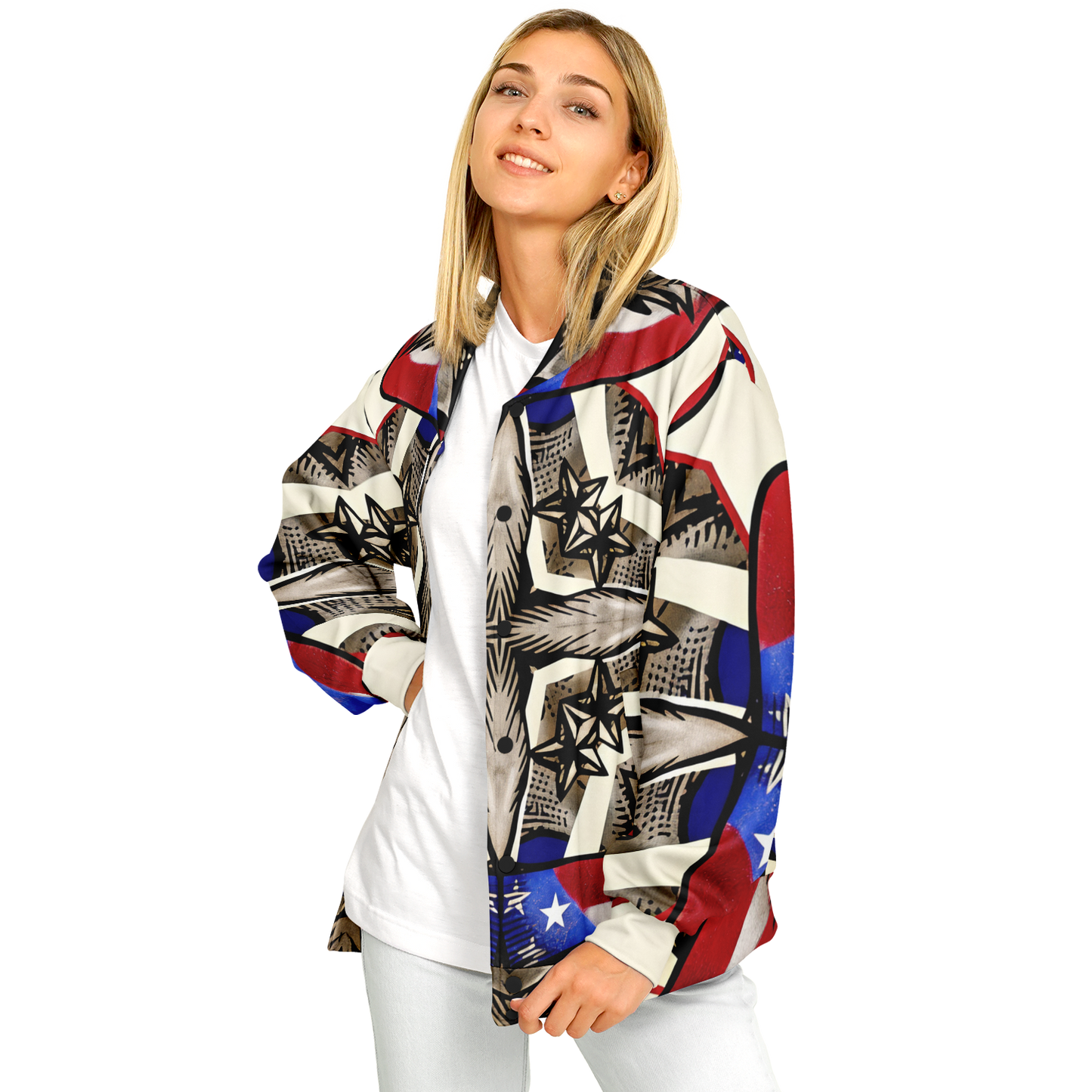 Women's Patriotic Star Kaleidoscope Pattern All-Over Print Baseball Jacket