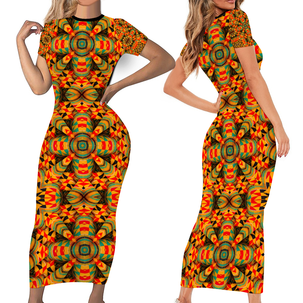 Women's Round Neck Long Dress Short Sleeve Bodycon Pencil Dress