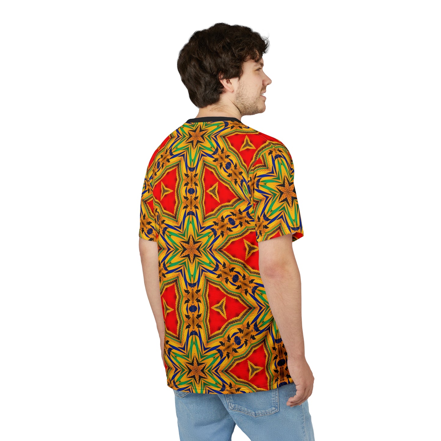 Men's Vibrant Red & Gold Star All-Over Print Festival Tee