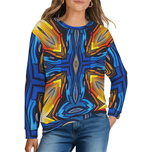 Women's Bold Blue & Gold Abstract Pattern All-Over Print Crew Neck Sweater