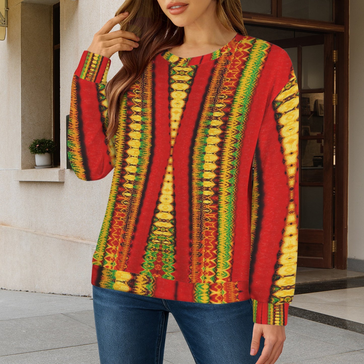Women's Red Bold Tribal Pattern All-Over Print Women's Crew Neck Sweater