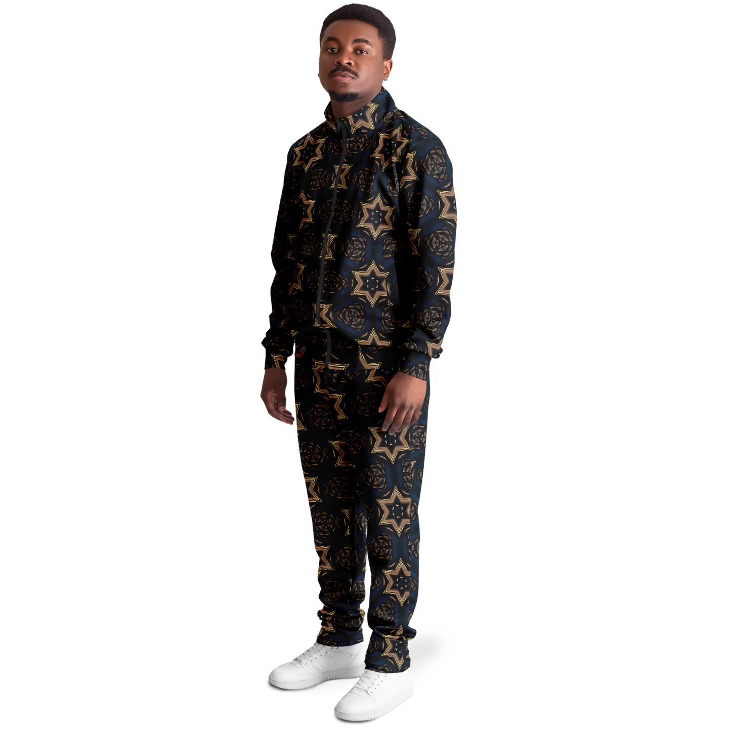 Men's Geometric Floral Pattern in Black & Brown Track Jacket and Pants