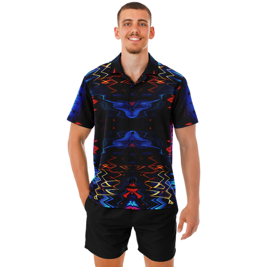 Men's Blue & Red Kaleidoscope Pattern All Over Print Spread Collar Short Sleeve Button-Down Shirt