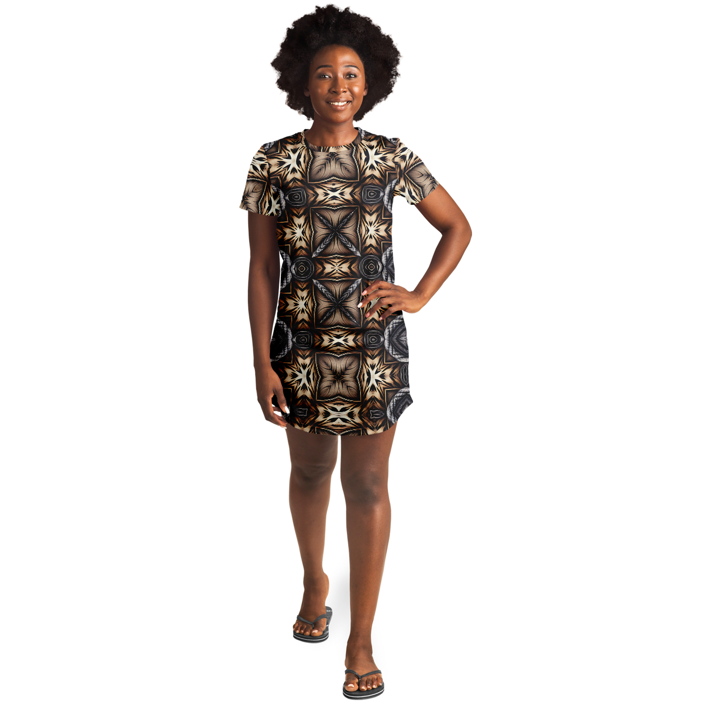 Women's Geometric Kaleidoscope Brown Pattern All Over Print T-Shirt Dress