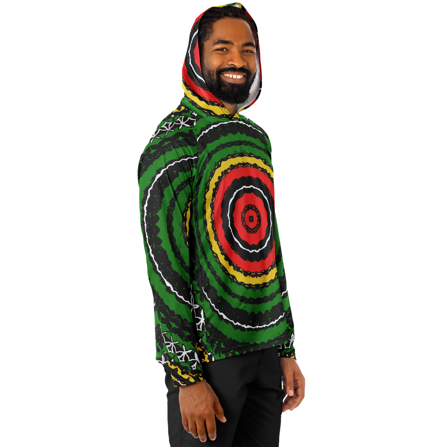 Men's Green Striped with Vibrant Accent Pattern All Over print Long Sleeve Hooded Performance Shirt