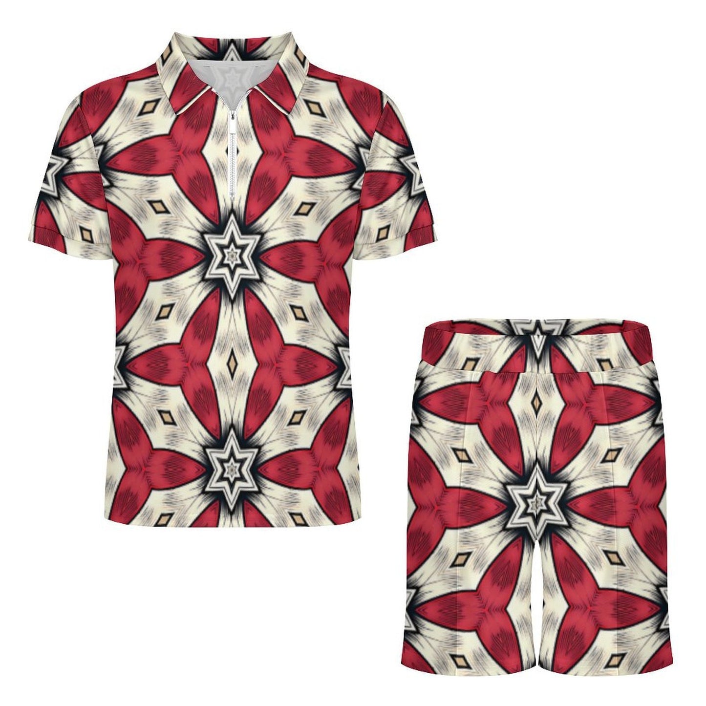 Men's Red & White Geometric Star Pattern Zip-Up Polo Set