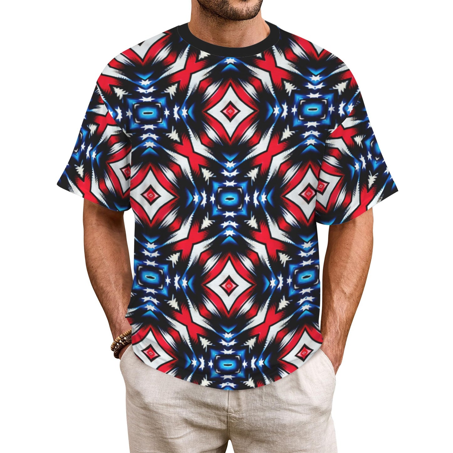 Men's Red White Blue Geometric Pattern All-Over Print All Over Print Ribbed Collar T-Shirt