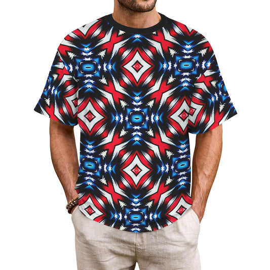 Men's Red White Blue Geometric Pattern All-Over Print All Over Print Ribbed Collar T-Shirt
