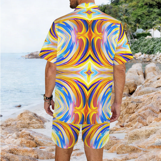 Men Abstract Sunburst Pattern All Over print Hawaiian Shirt & Shorts Set