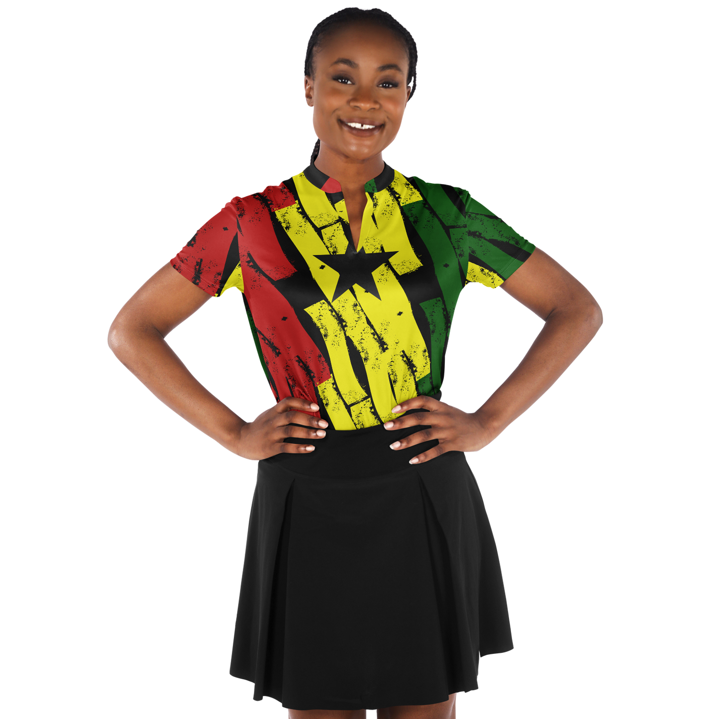 Women's Red Yellow Green Black Stars Polyester Stand Up Collar Polo Shirt